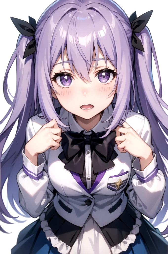 portrait, solo focus, solo, close-up, (white background, plain background, simple background:1.3), looking at viewer
 asterisk_kirin, 1girl, solo, long hair, open mouth, two side up, looking at viewer, blush, skirt, , purple eyes, light purple hair, bow, hair between eyes, bowtie, pleated skirt, long sleeves, purple hair