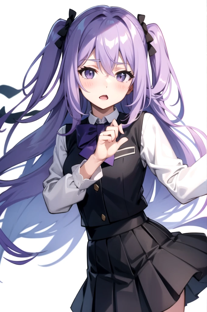 portrait, solo focus, solo, close-up, (white background, plain background, simple background:1.3), looking at viewer
 asterisk_kirin, 1girl, solo, long hair, open mouth, two side up, looking at viewer, blush, skirt, , purple eyes, light purple hair, bow, hair between eyes, bowtie, pleated skirt, long sleeves, purple hair