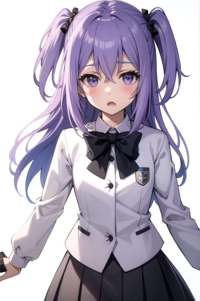 portrait, solo focus, solo, close-up, (white background, plain background, simple background:1.3), looking at viewer
 asterisk_kirin, 1girl, solo, long hair, open mouth, two side up, looking at viewer, blush, skirt, , purple eyes, light purple hair, bow, hair between eyes, bowtie, pleated skirt, long sleeves, purple hair