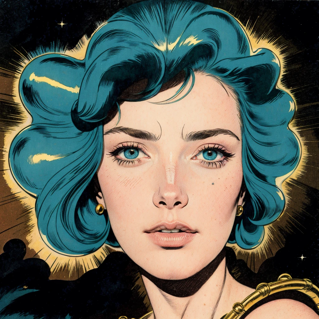 Masterpiece, best quality, hi res, 8k, hi res, 8k,  award winning , (sharp focus, intricate, highly detailed) kirbywood, drawing of a person from another world, closeup face,, vintage color comics