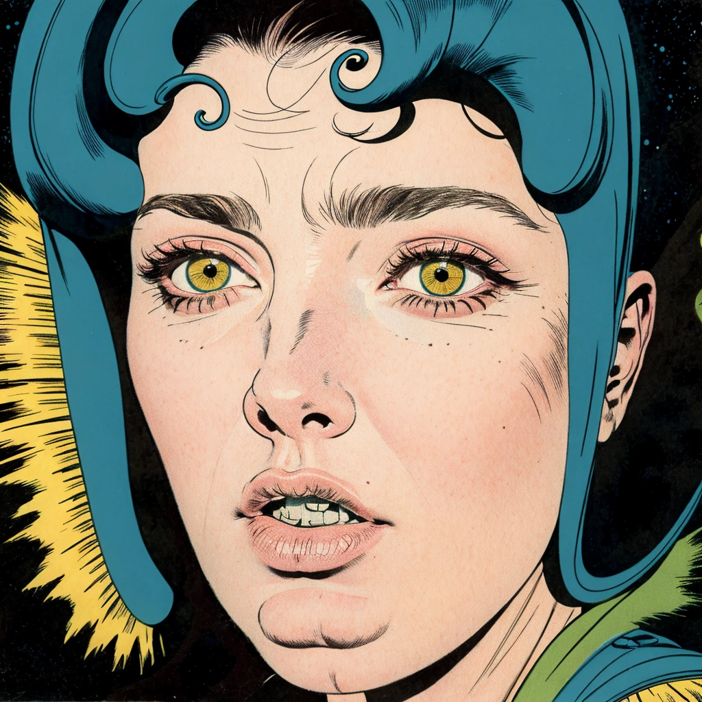 Masterpiece, best quality, hi res, 8k, hi res, 8k,  award winning , (sharp focus, intricate, highly detailed) kirbywood, drawing of a person from another world, closeup face,, vintage color comics