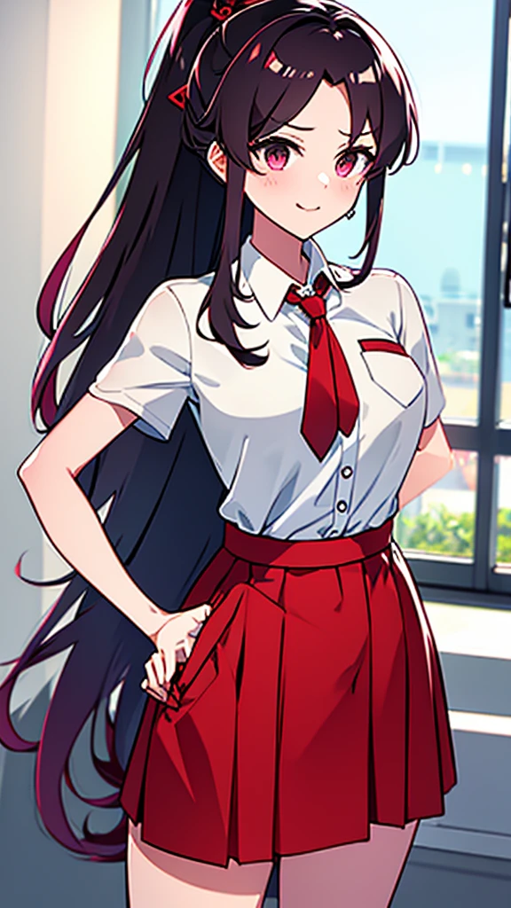 high tail hairstyle, Ponytail hairstyle, Long wavy black hair, standing posing, anime girl style, pixel art anime style,penetrating look with deep eyes,red and purple eyes, hair with a ponytail hairstyle trapped with a big red bun, Women, red hair clips, x color shaped hair clips , short white shirt, smooth receptionist miniskirt, smiling face blush, standing in his bedroom, next to his bed, receptionist clothes, lifting her skirt, grabbing her skirt with her hands to lift it up, letting her look at her underwear.