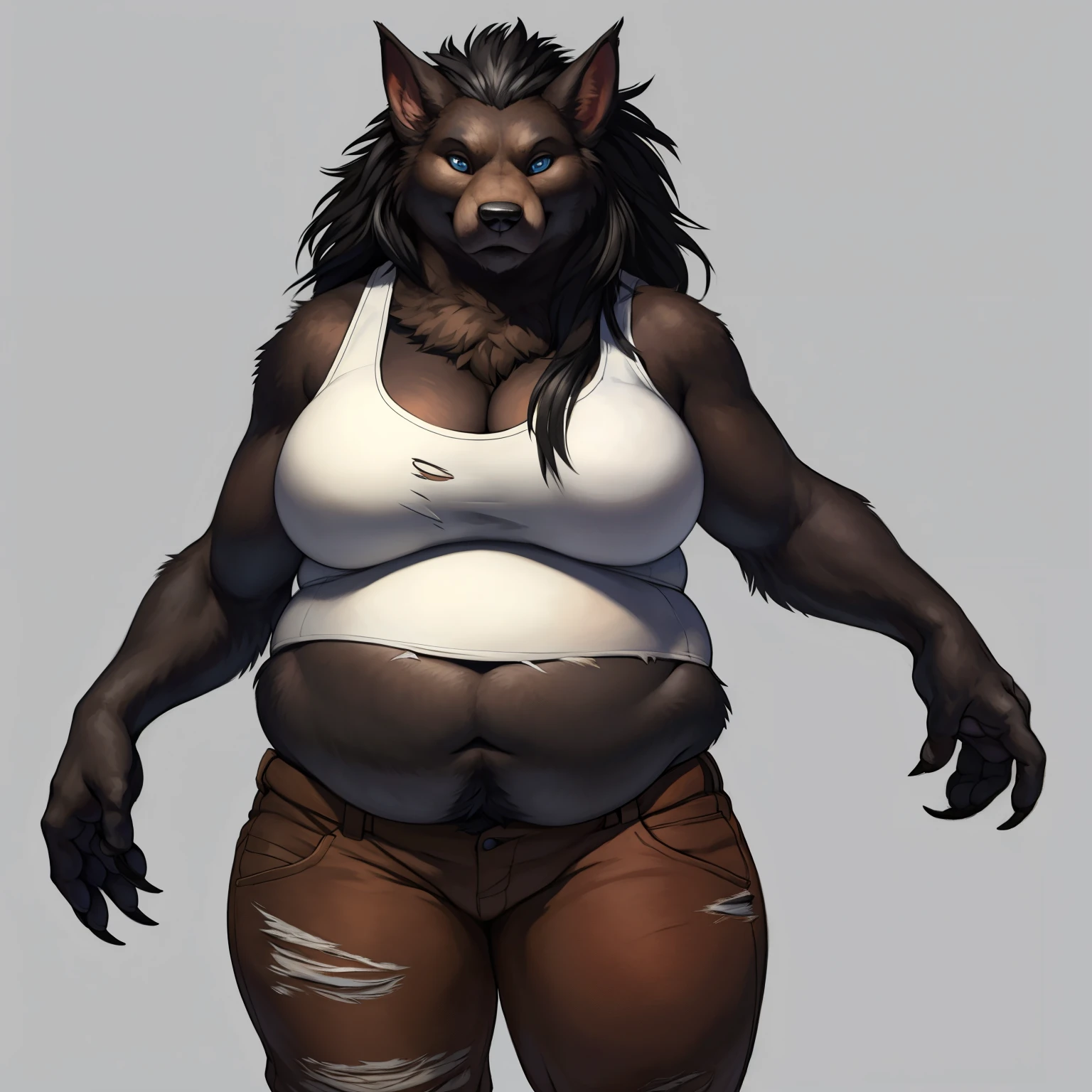 solo, ultra detailed), a beautiful and detailed full size portrait of a female anthro, canid, worgen, ((black body, dark skin, fur, long hair, black hair)), big body, adult, mature, fur, non-mammal breasts, looking at viewer, blue eyes, detailed background, looking at viewer, detailed eyes, sexy body, goddess, overweight body, fat belly, fat face, (fat arms:1.4), (fat fingers), (fat neck:1.3), (double chin:1.5), (fat cheeks:1.2), (puffed cheeks), love handles, deep navel, (huge butt), belly overhang, (weightchubby:1.8), kenket, Ross Tran,ruan jia, trending on artstation, foxovh, ((torn white tank top, torn brown pants)), ((front view)), big butt, ((concerned, girly pose)), simple background, grey background