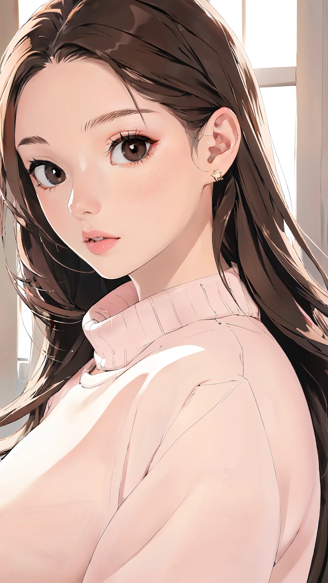 Girl, long brown hair, brown eyes, sharp features, white skin, pink lips, perfect, sweater