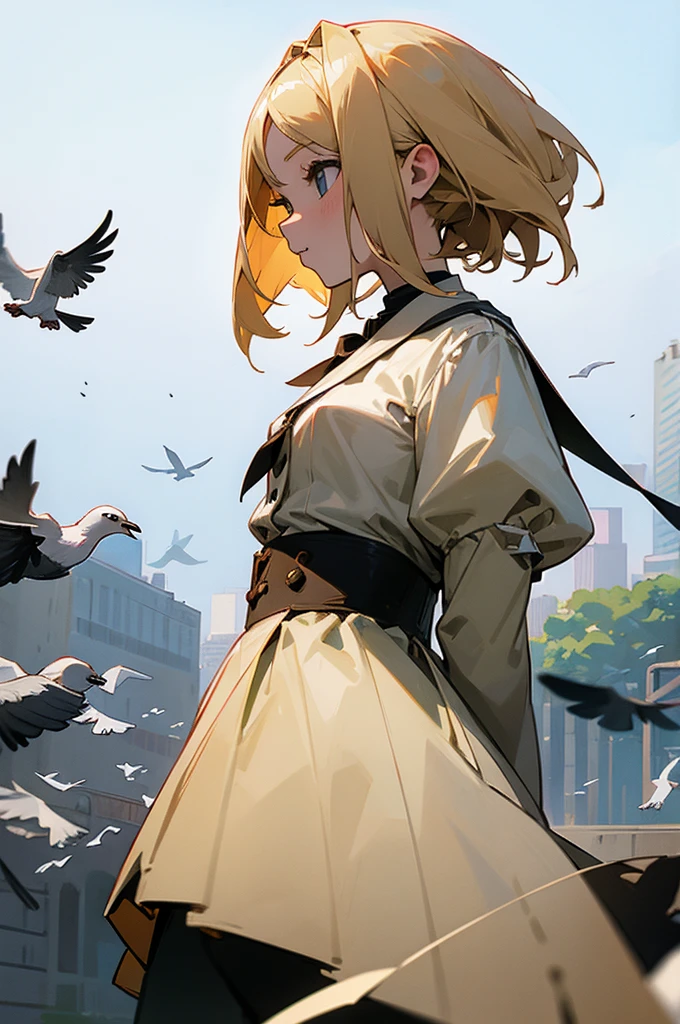 blond girl in the park among a flock of pigeons