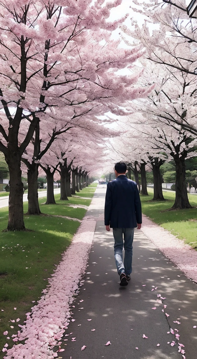 「Spring season with cherry blossom petals falling、The main character is heading to a memorable place alone.。He holds dear memories of his former lover in his heart.、Walking through rows of cherry blossom trees in full bloom。Petals fall on the road、Nikko is a tree々It casts a soft light on the ground through。This scene、With the fleeting beauty of spring、It evokes feelings of lost love and nostalgia.。」