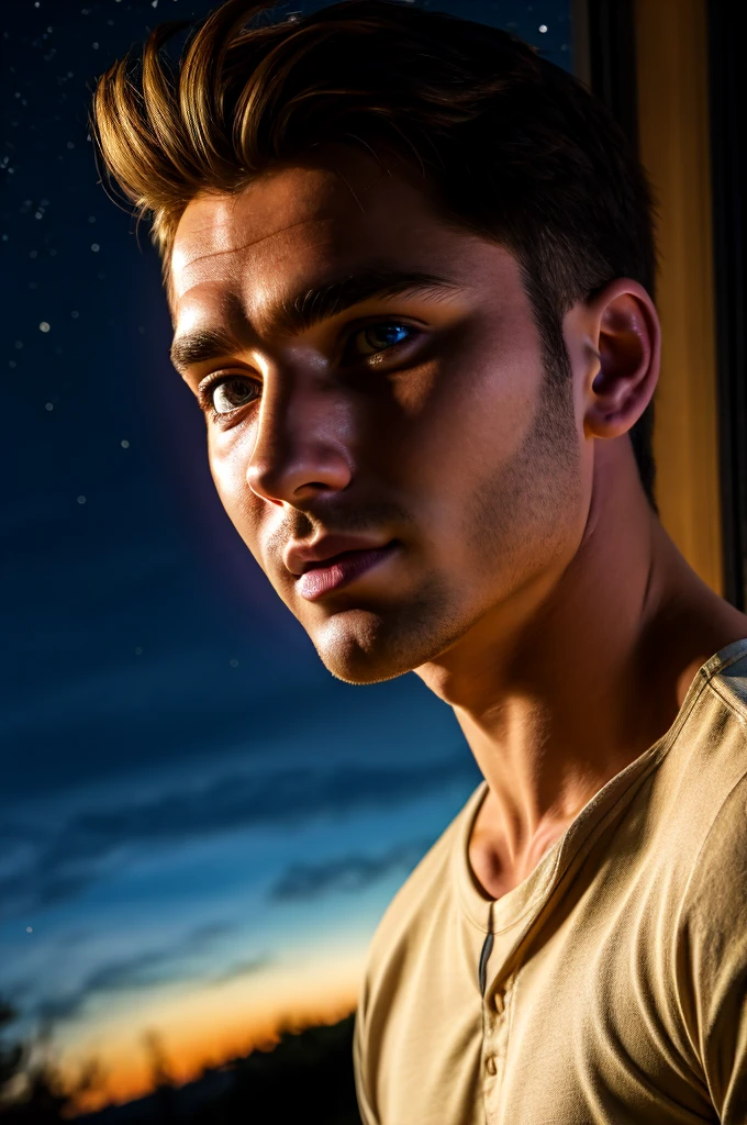 (masterpiece, best quality, high resolution:1.2), (dynamic angle),
HDR, shot on Canon 5D Mark II, depth of field, intricate details, sharp focus on subject,
a man zh_shot_by_elsa_bleda, realistic, night sky,