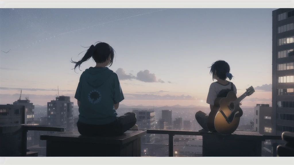 sunset,暗いnight空,Octane, star (null), scenery, Blue parakeet,Acoustic guitar,star, night, One Girl, Back view,night, alone, Outdoor, Blue parakeet,building, cloud, milky way, Sitting,city, silhouette