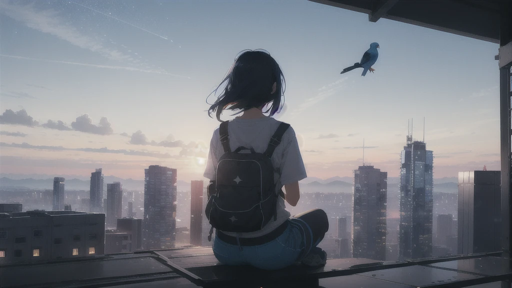 sunset,暗いnight空,Octane, star (null), scenery, Blue parakeet,Acoustic guitar,star, night, One Girl, Back view,night, alone, Outdoor, Blue parakeet,building, cloud, milky way, Sitting,city, silhouette