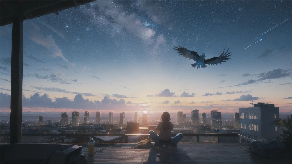 sunset,暗いnight空,Octane, star (null), scenery, Blue parakeet,Acoustic guitar,star, night, One Girl, Back view,night, alone, Outdoor, Blue parakeet,building, cloud, milky way, Sitting,city, silhouette
