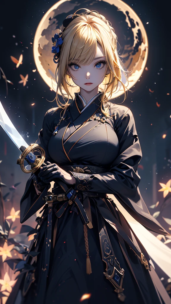 masterpiece, high quality, 4K, Beautiful design, silhouette，blonde， 非常に詳細な夜のStarry Sky,Flower Field， wonderful, Finer details,  Very knowledgeable woman, Highly detailed solo, 1 female,Big Breasts，Gothic Lolita Fashion，Japanese sword，Night view，Starry Sky，full moon，