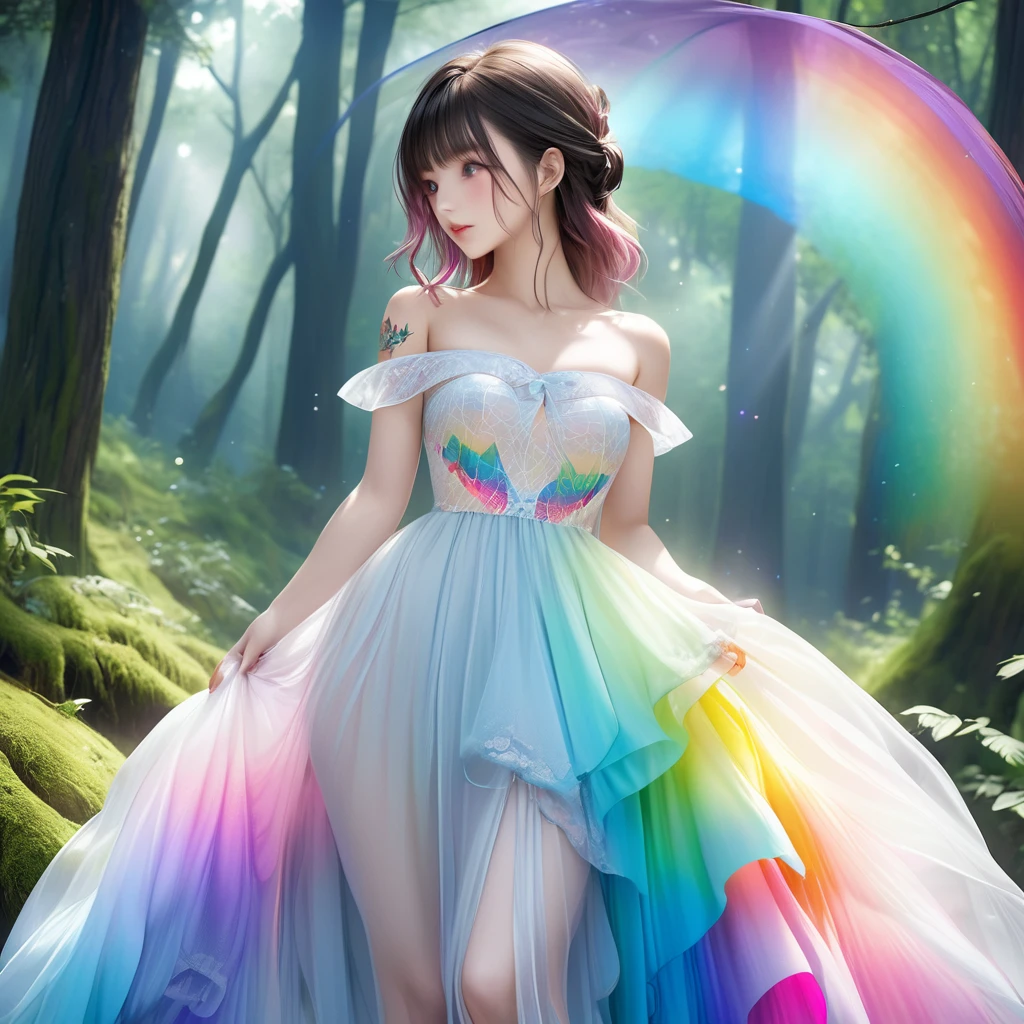 RAW Photos:1.2, masterpiece, Highest quality, 16K, Unbelievably absurd, Very detailed, Perfect beauty, Beautiful cute girl, A sheer dress, Off the shoulder, Strapless, Rainbow gradient, Tattoo butterfly arm, forest,