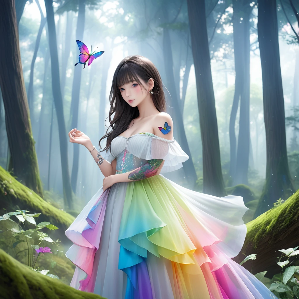 RAW Photos:1.2, masterpiece, Highest quality, 16K, Unbelievably absurd, Very detailed, Perfect beauty, Beautiful cute girl, A sheer dress, Off the shoulder, Strapless, Rainbow gradient, Tattoo butterfly arm, forest,