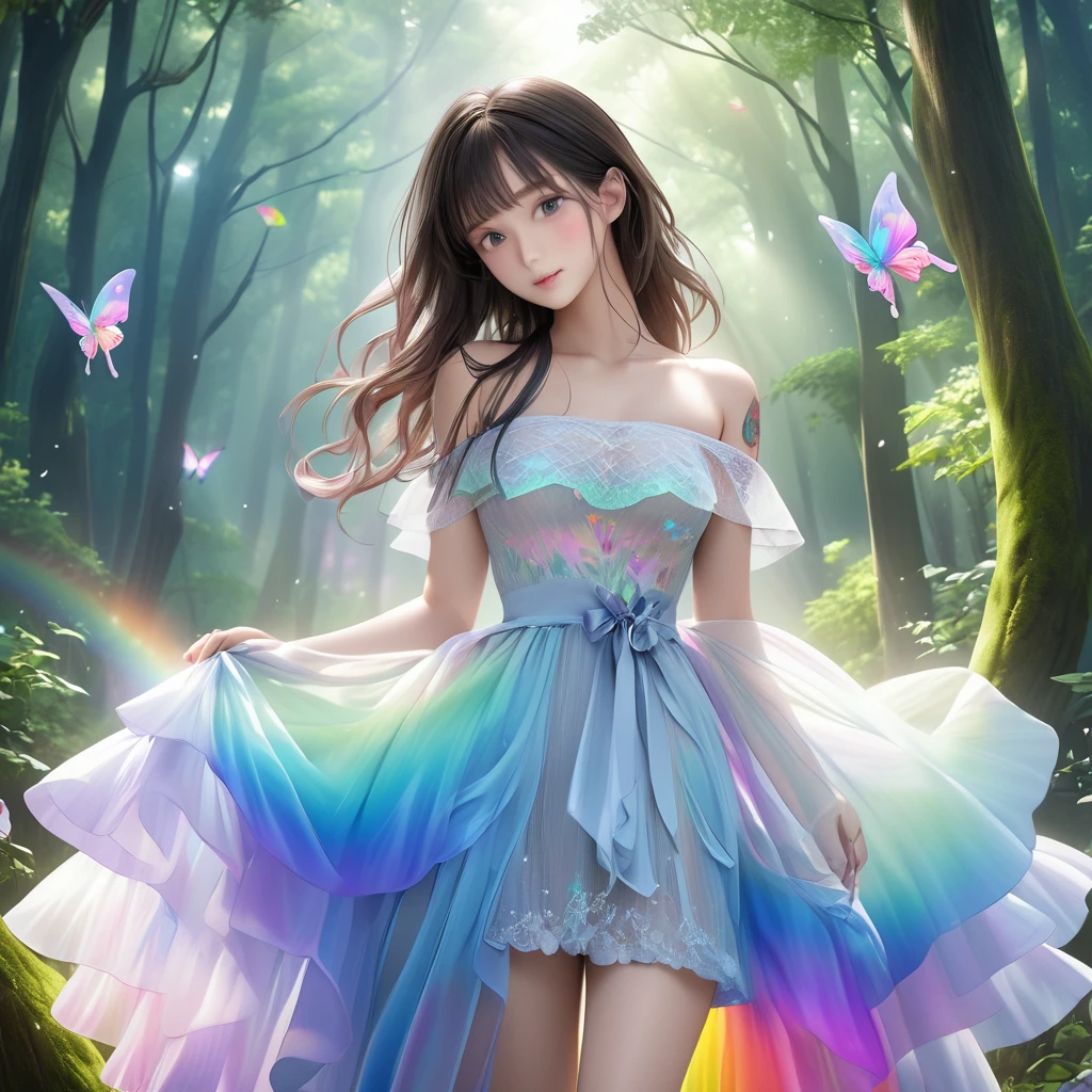 RAW Photos:1.2, masterpiece, Highest quality, 16K, Unbelievably absurd, Very detailed, Perfect beauty, Beautiful cute girl, A sheer dress, Off the shoulder, Strapless, Rainbow gradient, Tattoo butterfly arm, forest,