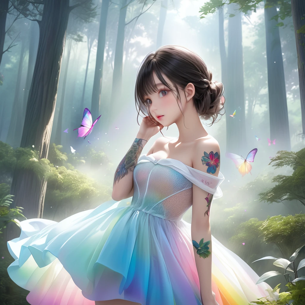 RAW Photos:1.2, masterpiece, Highest quality, 16K, Unbelievably absurd, Very detailed, Perfect beauty, Beautiful cute girl, A sheer dress, Off the shoulder, Strapless, Rainbow gradient, Tattoo butterfly arm, forest,