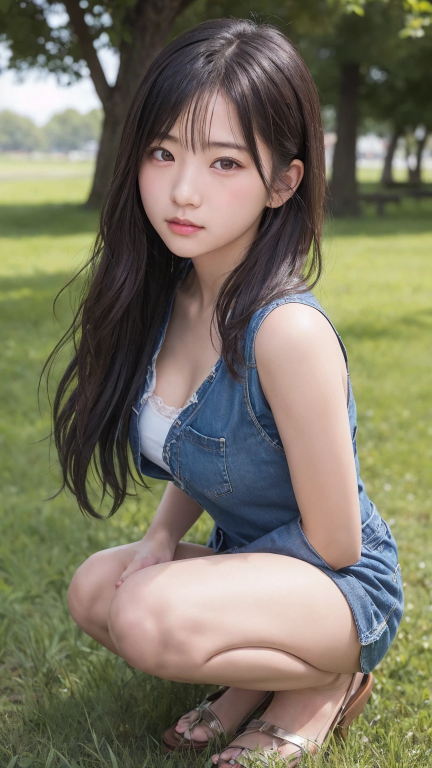 1 Female,((One girl)),((16 years:1)), cowboy_shot,(from_front:1.5),Eye of the worm,squat,自分のfeetを抱きしめる, On the grass,10 generations, Very young,純真なbeautiful少女たち, Idol's face, Delicate girl:1,feet,knees,(elegant_Sandals:1),(Tunic blouse:1.0), (Ruffled tops:1.0), (trainer:1),(cardigan:1),Sleeves are longer than the wrist, overly too long sleeves, (denim_skirt:1.3),at the park,(knees_Away:0.8),(white_elegant_pantiess are visible:1.3),(seamless_pantiess:1.3), (:1), (race_embroidery_:0.8), masterpiece, Highest quality, 8K,(beautiful_skin:1),Detailed face,Smooth bristles, Glowing black eyes,Sparkling eyes,Childish,RAW Photos, Professional Lighting, Film Grain, chromatic aberration,Expressionless, (Small eyes and face:1.0), (Bokeh:1.1),School Bags
