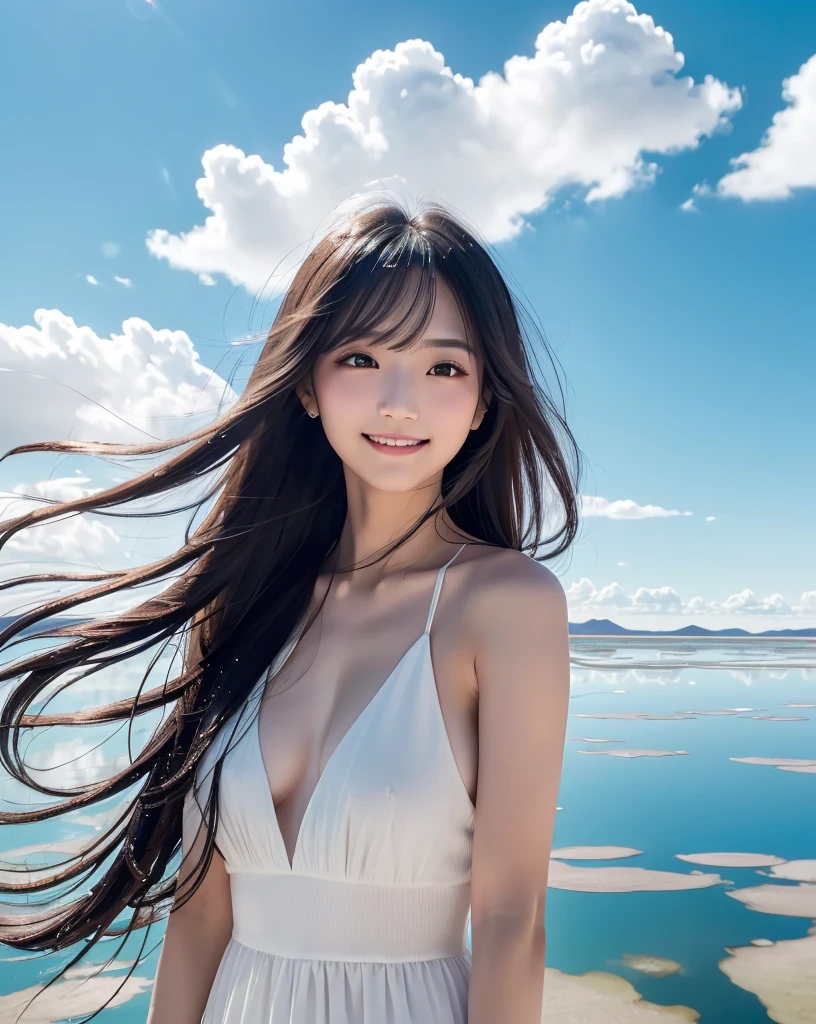 (Highest quality, 32k, High resolution, Masterpiece:1.5), marimo_jet, god々A photograph with brilliant dazzling and healing power., Evoking a sense of calm and elusive beauty, Expressing emotions, Have a rich imagination, Beautiful Japanese Girls, An exceptionally beautiful face, Small Face Beauty, , Perfect Human Anatomy, Magical big eyes, Motherhood and generosity, Deep Love, fleeting smile, Shiny black hair, Super long hair swaying in the wind, Asymmetrical bangs, Hair between the eyes, Transparent, soft white skin, Sharp eyebrows, Thin lashes, ((Natural Makeup:1.3)), White dress, High resolutionの完璧な鎖骨, High resolutionの美しい胸元, Slim figure with ample breasts, High resolutionの美しい太もも, ((Distant Horizon:1.5)), ((Salar de Uyuni stretches to the horizon:1.3)), ((The water surface reflects the sky like a mirror:1.5)), Beautiful detailed blue sky, Professional photographer, Professional Lighting, Professional models, god秘的