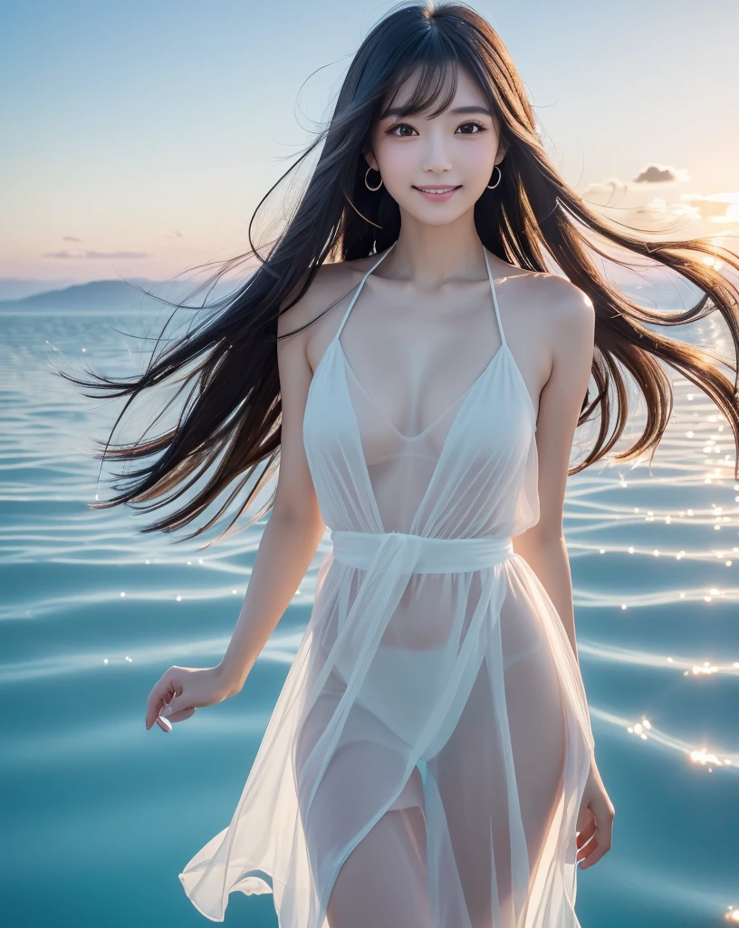 (Highest quality, 32k, High resolution, Masterpiece:1.5), marimo_jet, god々A photograph with brilliant dazzling and healing power., Evoking a sense of calm and elusive beauty, Expressing emotions, Have a rich imagination, Beautiful Japanese Girls, An exceptionally beautiful face, Small Face Beauty, , Perfect Human Anatomy, Magical big eyes, Motherhood and generosity, Deep Love, fleeting smile, Shiny black hair, Super long hair swaying in the wind, Asymmetrical bangs, Hair between the eyes, Transparent, soft white skin, Sharp eyebrows, Thin lashes, ((Natural Makeup:1.3)), White dress, High resolutionの完璧な鎖骨, High resolutionの美しい胸元, Slim figure with ample breasts, High resolutionの美しい太もも, ((Distant Horizon:1.5)), ((Salar de Uyuni stretches to the horizon:1.3)), ((The water surface reflects the sky like a mirror:1.5)), Beautiful detailed blue sky, Professional photographer, Professional Lighting, Professional models, god秘的