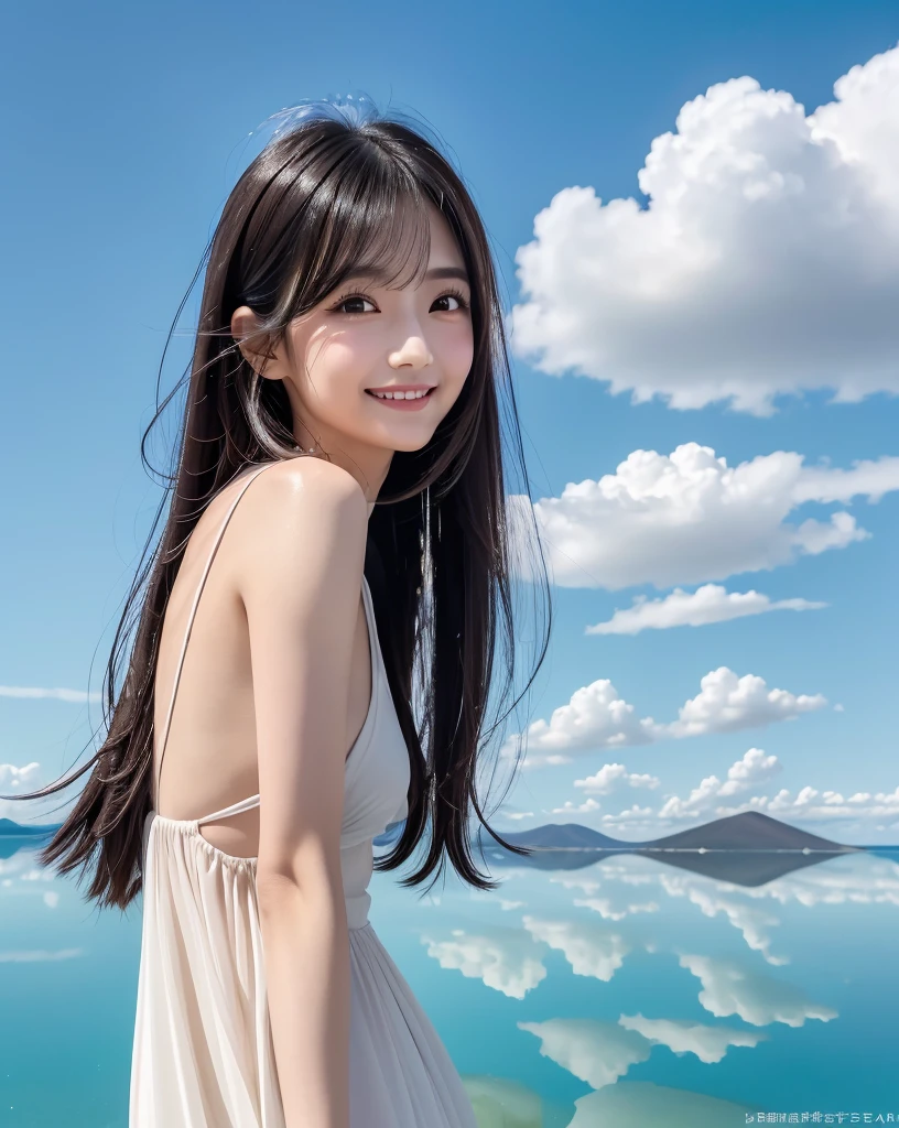 (Highest quality, 32k, High resolution, Masterpiece:1.5), marimo_jet, god々A photograph with brilliant dazzling and healing power., Evoking a sense of calm and elusive beauty, Expressing emotions, Have a rich imagination, Beautiful Japanese Girls, An exceptionally beautiful face, Small Face Beauty, , Perfect Human Anatomy, Magical big eyes, Motherhood and generosity, Deep Love, fleeting smile, Shiny black hair, Super long hair swaying in the wind, Asymmetrical bangs, Hair between the eyes, Transparent, soft white skin, Sharp eyebrows, Thin lashes, ((Natural Makeup:1.3)), White dress, High resolutionの完璧な鎖骨, High resolutionの美しい胸元, Slim figure with ample breasts, High resolutionの美しい太もも, ((Distant Horizon:1.5)), ((Salar de Uyuni stretches to the horizon:1.3)), ((The water surface reflects the sky like a mirror:1.5)), Beautiful detailed blue sky, Professional photographer, Professional Lighting, Professional models, god秘的