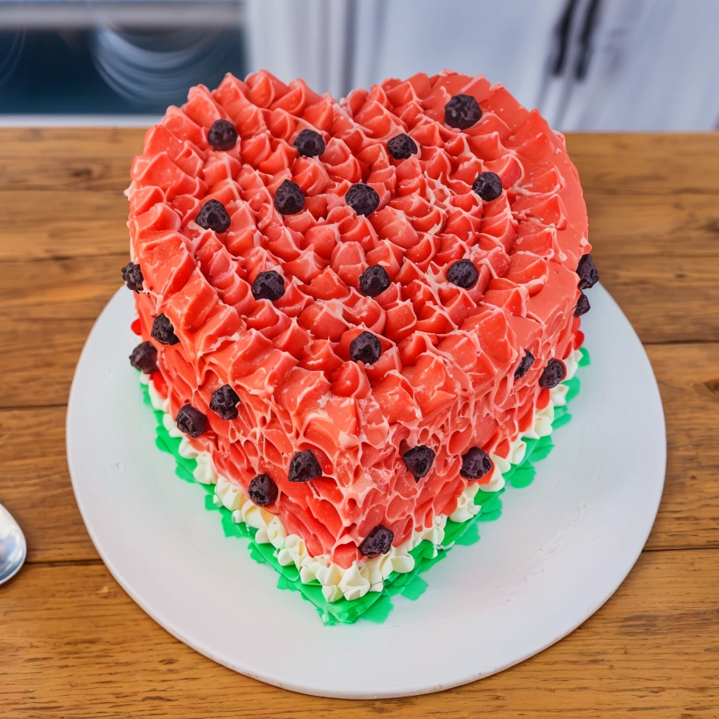 on a wooden table, a cream cake in the form of a heart, in shape of watermelon, the lower part of the cake is made of green cream whirls, reproduces the texture of a watermelon, a cream layer of fresh, juicy white m'yakotia. The top layer consists of red cream, on top of which watermelon seeds are poured, made of polymer clay, window light, bright lights, soft light, window light, professional lighting, light from the window, neat light, realistic texture, realistic style, detailed texture, high quality, high resolution, high quality rendering, realistic photo, brightning light, macro photo
