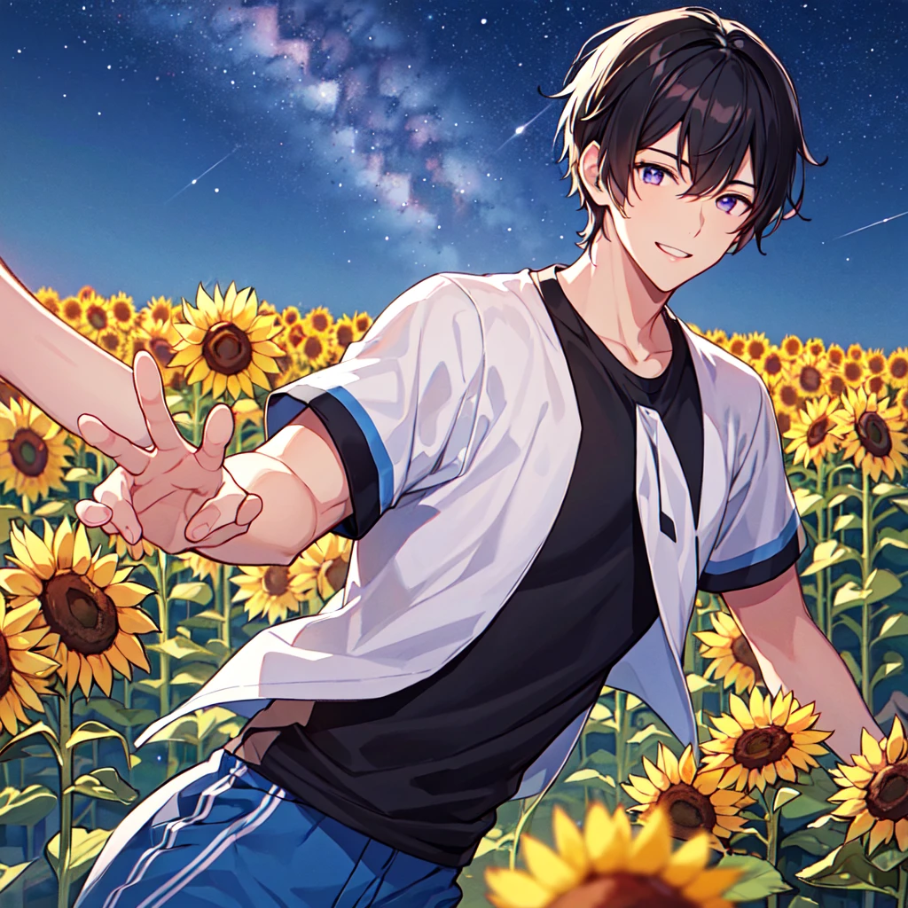 masterpiece,best quality,high quality,(1 male austere handsome solo adult age 30 years old:1.5), purple eyes, cool with suspended eyes, V-shaped eyebrows, body strong and fearless 8.5 head tall, height 185cm, (well-groomed black short hair down to neck:1.4), (bangs 7 thirds parted:1.4), slender nose, facial muscles, throat, (tee shirt with sunflower print summer fashion pants:1.3), (arms outstretched), (stylish pose), (cool smile:1.3), (background sunflower flower field:1.3) , (Milky Way Night Sky: 1.3), (upper body:1.3)