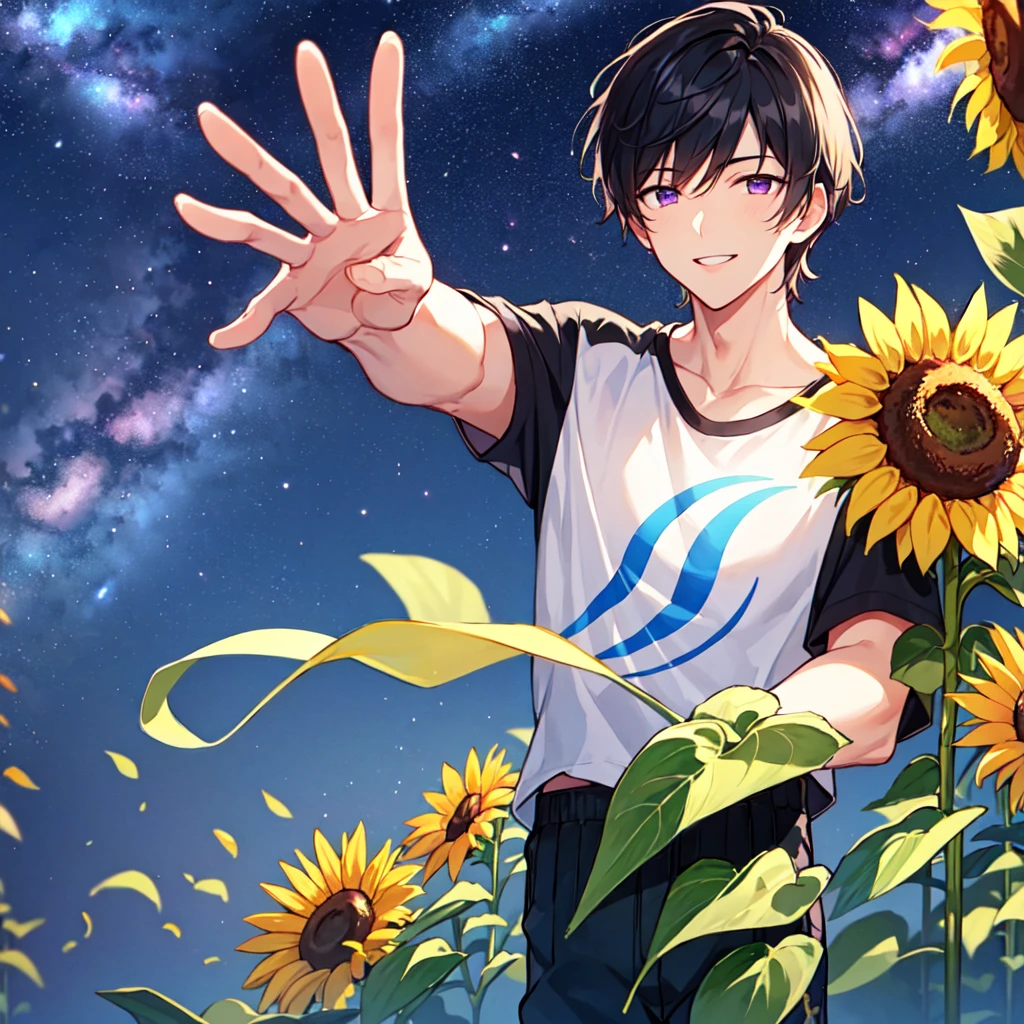 masterpiece,best quality,high quality,(1 male austere handsome solo  age 30 years old:1.5), purple eyes, cool with suspended eyes, V-shaped eyebrows, body strong and fearless 8.5 head tall, height 185cm, (well-groomed black short hair down to neck:1.4), (bangs 7 thirds parted:1.4), slender nose, faciales, throat, (tee shirt with sunflower print summer fashion pants:1.3), (arms outstretched), (stylish pose), (cool smile:1.3), (background sunflower flower field:1.3) , (Milky Way Night Sky: 1.3), (upper body:1.3)