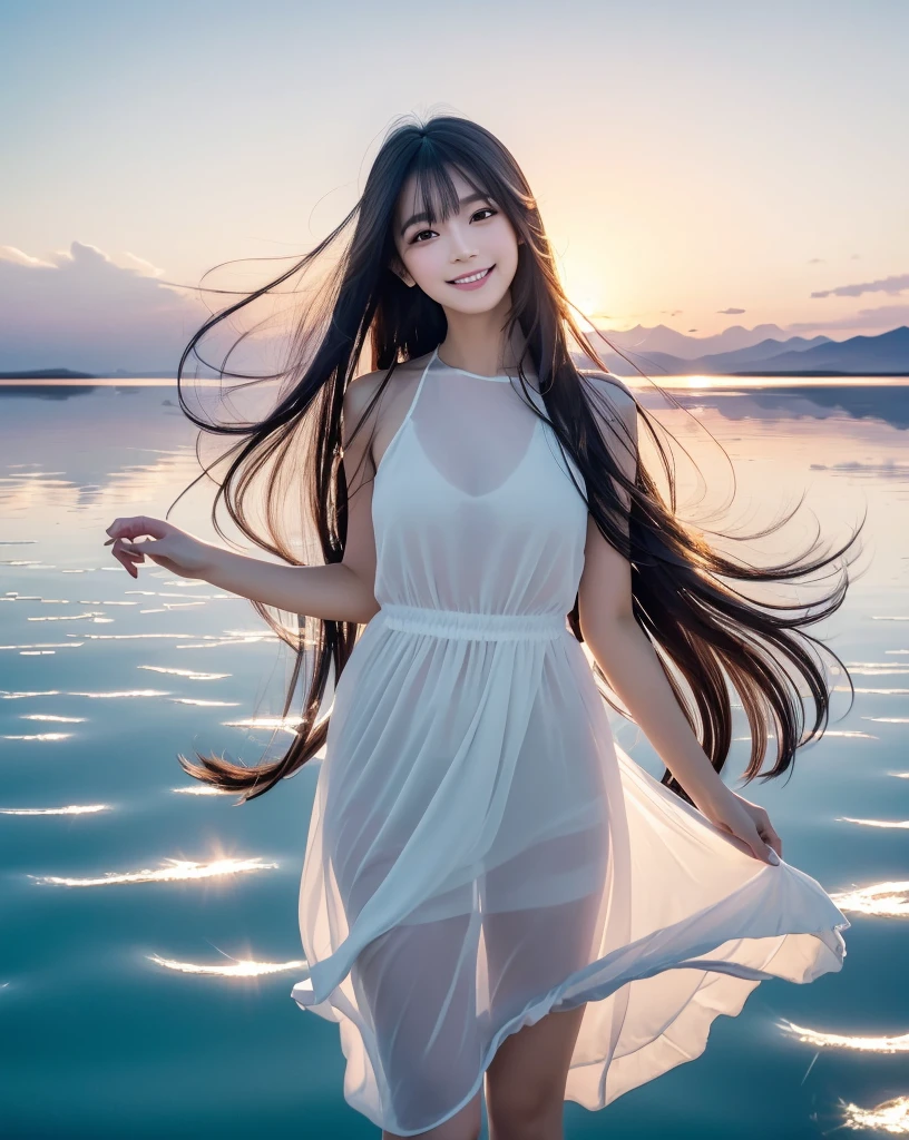 (Highest quality, 32k, High resolution, Masterpiece:1.5), marimo_jet, god々A photograph with brilliant dazzling and healing power., Evoking a sense of calm and elusive beauty, Expressing emotions, Have a rich imagination, Beautiful Japanese Girls, An exceptionally beautiful face, Small Face Beauty, , Perfect Human Anatomy, Magical big eyes, Motherhood and generosity, Deep Love, fleeting smile, Shiny black hair, Super long hair swaying in the wind, Asymmetrical bangs, Hair between the eyes, Transparent, soft white skin, Sharp eyebrows, Thin lashes, ((Natural Makeup:1.3)), White dress, High resolutionの完璧な鎖骨, High resolutionの美しい胸元, Slim figure with ample breasts, High resolutionの美しい太もも, ((Distant Horizon:1.5)), ((Salar de Uyuni stretches to the horizon:1.3)), ((The water surface reflects the sky like a mirror:1.5)), Beautiful detailed blue sky, Professional photographer, Professional Lighting, Professional models, god秘的