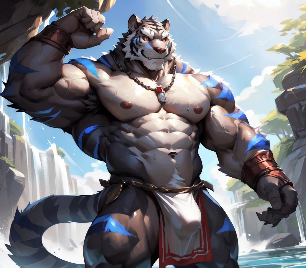 absurdres, ((best quality)), ((masterpiece)), (ultra detailed), perfect face,(sharp eyes),sharp focus, (by null-ghost,by traver009,by lindong,by pino daeni), (male antro black tiger):2.0, ((blue stripes)), ((black body)), ((white belly)), (tiger ears, tiger tail), (sharp eye),ultra-detailed eyes, (Beautiful and delicate eyes), ((red crimson):0.1 eyes), ((white sclera)), ((fluffy fur, fluffy, furry body)),((long white loincloth), with yellow pattern):0.8, muscular male , (wearing random pattern necklace), smile, (bulge), reflection, sexy body, middle-age, strong, looking at view, (((sfw:1.5))), (( abs, strong muscle, 8 pack)), shirtless, tougue out, claw, pink nipples, handsome,(Great physique),strong arms man, majestic, barbarous, handsome, by the waterfall, sweating:1.8