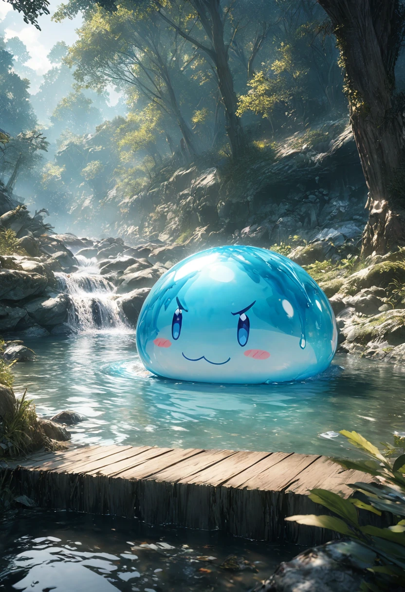 masterpiece, best quality, extremely detailed CG unity 8k wallpaper, a little blue haired boy sits on the banks of a crystal clear blue river in the middle of a natural forest. A cute translucent slime with a lot of expressions is bathing. This is a very cool anime illustration. Realistic representation of water flow. Octane's overall style, 3D art