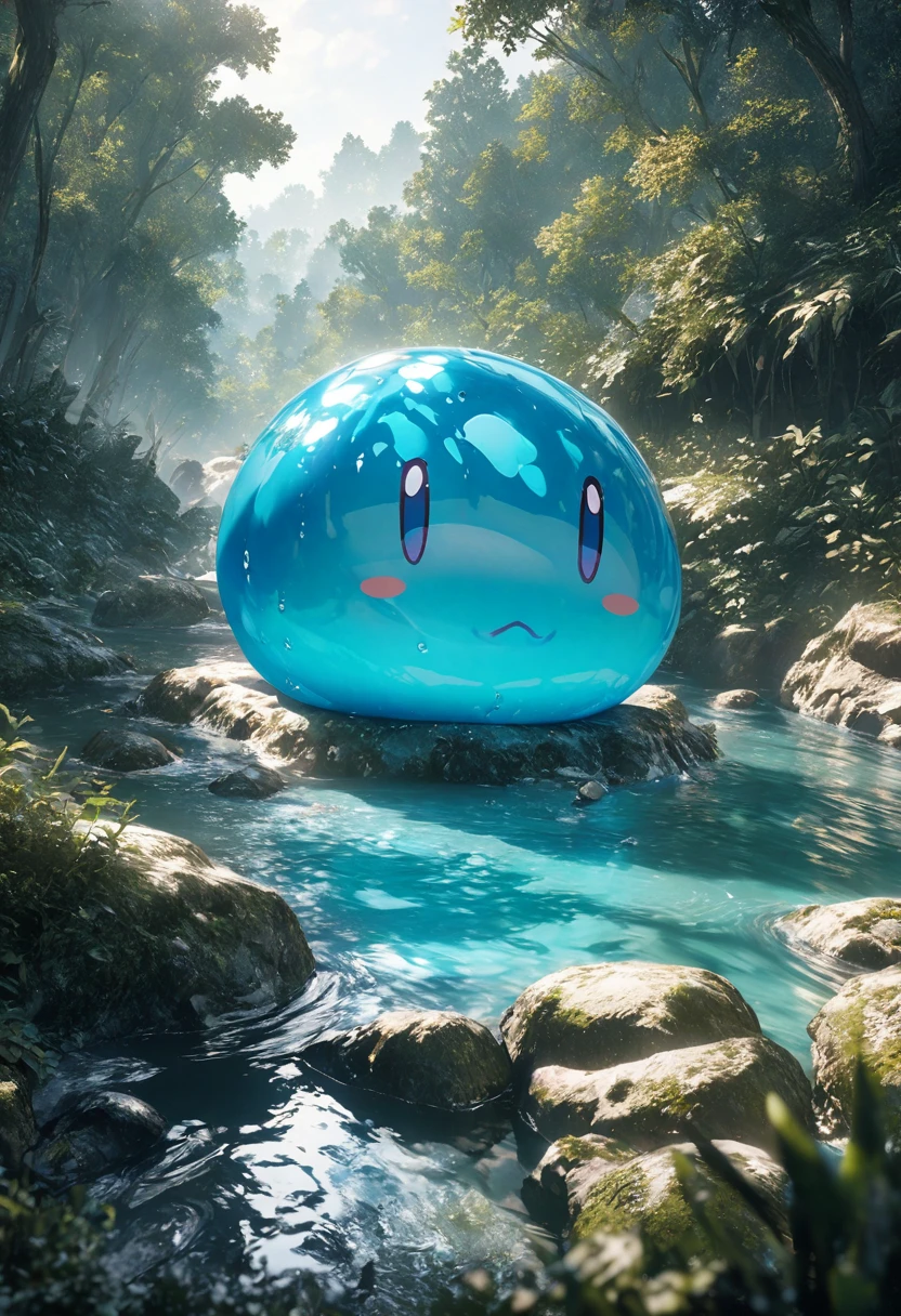 masterpiece, best quality, extremely detailed CG unity 8k wallpaper, a little blue haired boy sits on the banks of a crystal clear blue river in the middle of a natural forest. A cute translucent slime with a lot of expressions is bathing. This is a very cool anime illustration. Realistic representation of water flow. Octane's overall style, 3D art