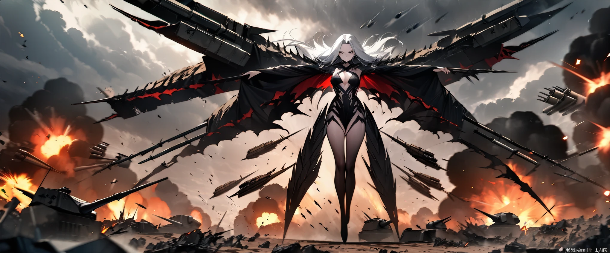 (((masterpiece,Highest quality))),(((A beautiful yet terrifying anime goddess of vengeance, raging in the air with her silver hair standing on end.))),((A battlefield with missiles and explosions flying around in a cloudy storm)),(Arms and legs spread),(high quality),アニメ,b3ks1n