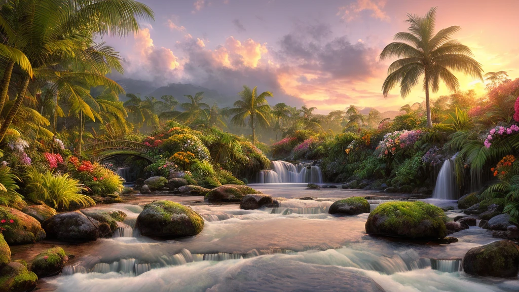 , Rainforest, water,sunset,Flowers,(Highly detailed CG unit 8K wallpaper), The most bwatertiful work of art in the world, Professional majestic oil painting, Complex, High detail, Sharp focus, dramatic, The art of photorealism painting,