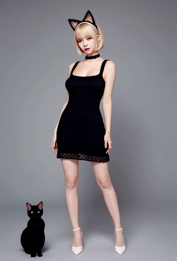 Blonde woman with short bob、Full body portrait、Black knitted dress、Background white、Cat ears headband、