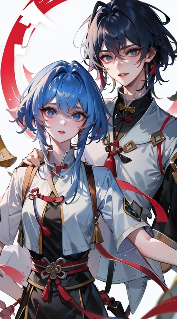 Masterpiece, Best quality, 1 Tang Wu Tong, the expression is cold, strong, blue eyes, short hair, wolfcut hairstyle, smoky mix blue color hair, resolute eyes, red lips, simple Taoist Taoist uniform, Chinese mix morden, frontal photo, black or white background, simple background, anime, illustration, half body, Chinese style short-sleeved shirt, cool girl