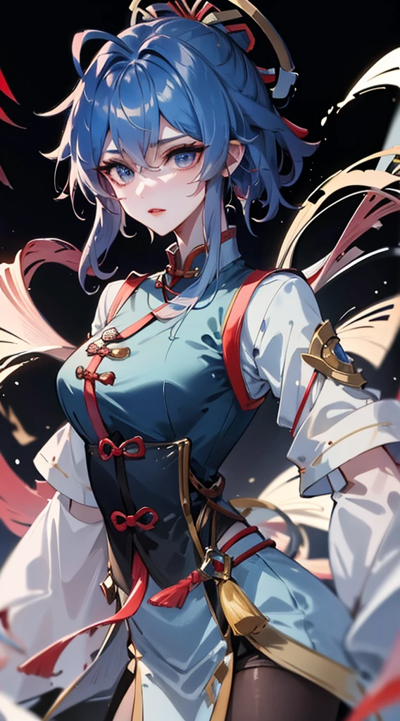 Masterpiece, Best quality, 1 Tang Wu Tong, the expression is cold, strong, blue eyes, short hair, wolfcut hairstyle, smoky mix blue color hair, resolute eyes, red lips, simple Taoist Taoist uniform, Chinese mix morden, frontal photo, black or white background, simple background, anime, illustration, half body, Chinese style short-sleeved shirt, cool girl