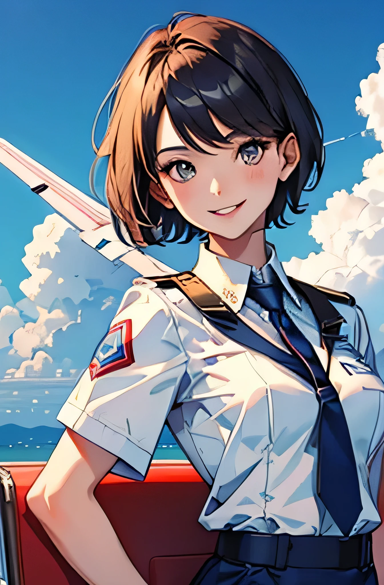 Flight attendant girl,summer,short hair,smile,uniform,8K, Highest quality, masterpiece