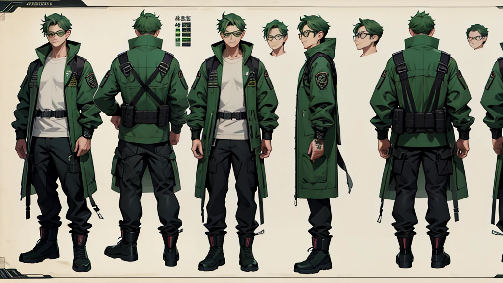Character design sheet、One Man、Green Hair、Short Hair、Glasses、Tactical Jacket、, Conceptual art, best quality, highres, 8k, UHD
