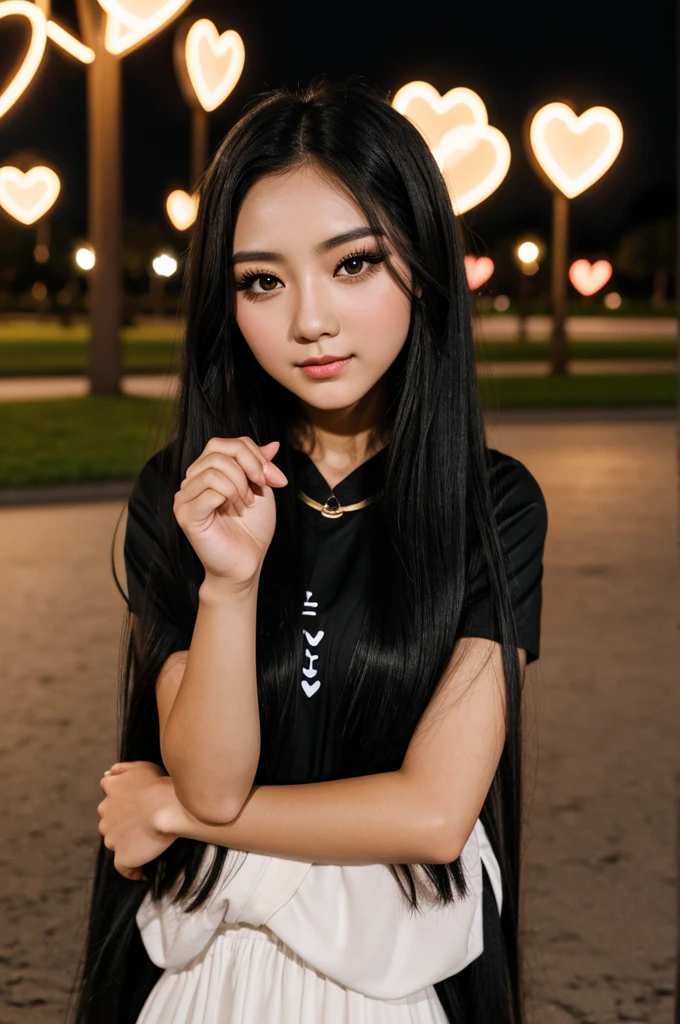 A girl with black long hair, darkest brown round eyes, wears a douyin-style makeup and is in a heart pose while at a park during midnight. It gives a youthful vibes