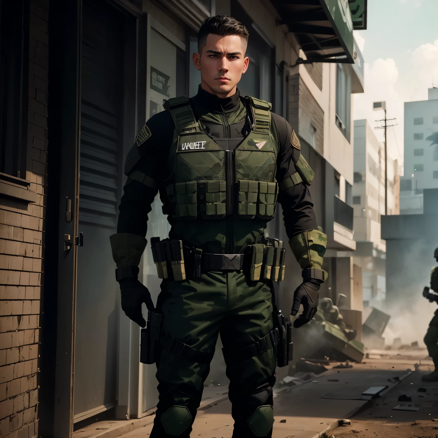 1 man, 25-year old, character of the game Cal of Duty Modern Warfire stands calmly, wearing green camouflage combat suit, (black bulletproof vest: 1.3), black half-gloves, (grenade belt: 1.3), stunning, tall, Dark hair, buzz cut, (full length:1.5), (free hands:1)