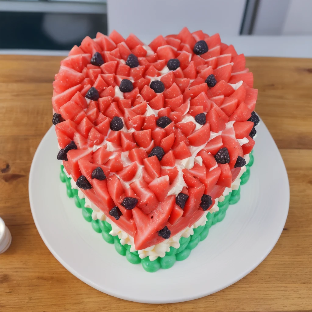 on a black background, a cream cake in the form of a heart, in shape of watermelon, the lower part of the cake is made of green cream whirls, reproduces the texture of a watermelon, a cream layer of fresh, juicy white m'yakotia. The top layer consists of red cream, on top of which watermelon seeds are poured, made of polymer clay, window light, bright lights, soft light, window light, professional lighting, light from the window, neat light, realistic texture, realistic style, detailed texture, high quality, high resolution, high quality rendering, realistic photo, brightning light, macro photo