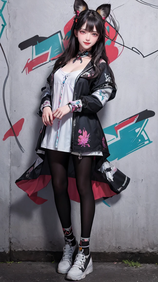 (highest quality), masterpiece, Extremely detailed CG8K illustration painting, high collar, Extremely high collar saturation, all colors become darker, painting, graffiti art, center composition, Highly detailed light and shadow, graffiti wall, the walls are painted in bright colors, One girl's graffiti One girl is looking at the wall, The face and eyes are very detailed., medium length hair, Transparent sportswear, colorful clouds、open sportswear、