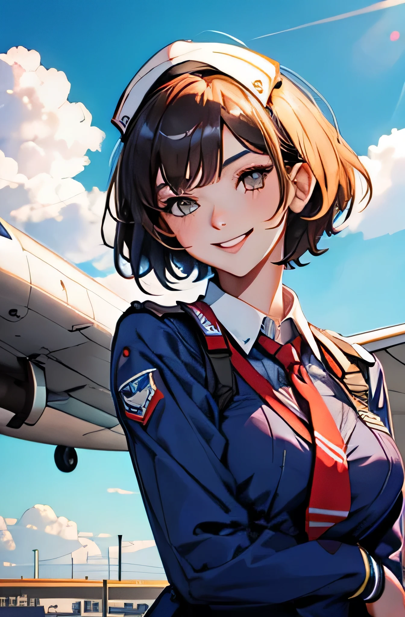 Flight attendant girl,summer,short hair,smile,uniform,8K, Highest quality, masterpiece