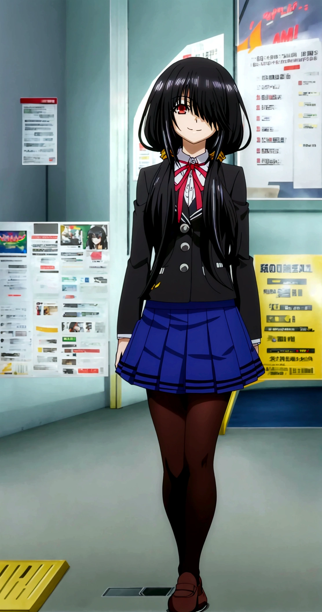 ultra-detailed,highly detailed,best quality,masterpiece,illustration,realistic, photo,photorealistic,
1girl, tokisaki kurumi,cosplay,hair over one eye, looking at viewer, happy girl,low twintails,
, blazer, collared shirt, neck ribbon, pleated skirt, pantyhose, hair rings, loafers,
indoors, walking, stairwell, 
