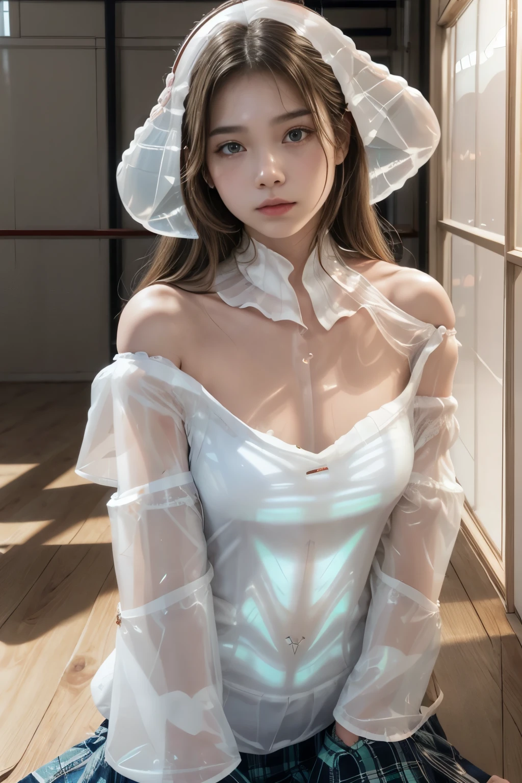 1 girl, hair with blonde highlights, Light brown bun hair, long hair, bench press, red cheekbone, floating hair, water eyes, students shining, make up, blush, ssmile, Verism, Hyper-Realism, italian face , Contemporary art, Expressionism, moderno, Bright dark, Glow Up, sideways, wide plan, wide angle, f/1.2, 135mm, Nikon, UHigh definition, retina, work of art, precise, anatomically correcte, texturized skin, super detaill, High details, high qualiy, best qualityer, high resolution, 1080P, High definition, 4K, 8K( girl lying on the floor),1 girl、greeneyes,Soothing action,Turn your face away from the camera,bowed,Bend,turn back,Look at your head,thick and long black hair,Body highly detailed,high-detailed face,best qualityer,(high school girl),((Translucent white off-the-shoulder blouse:1.9)),(Cleavage coordination),((navy plaid flare skirt))、