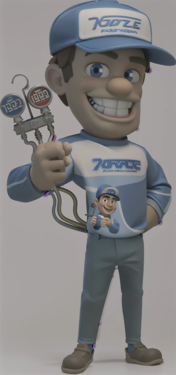 3d, Masterpiece artwork, disney pixar style man holding a pressure gauge, wearing cap, great smile, glad, long sleeve shirt, mascote de corpo inteiro, official character illustration, wearing plumber uniform, Mascot Illustration, detailed illustration, caricature, promotional rendering, bright coloured, rgb