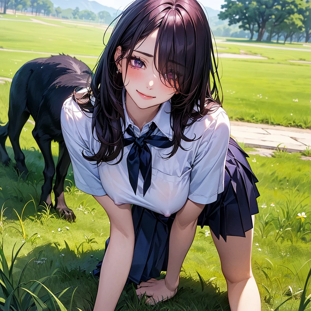 (masterpiece:1.2, top-quality), (realistic, photorealistic:1.4), beautiful illustration, (natural side lighting, movie lighting), nsfw,
looking at viewer, face focus, upper body, 1 girl, japanese, high school girl, perfect face, cute and symmetrical face, shiny skin,
(long hair:1.5, straight hair:1.4, dark purple hair), hair over one eye, dark purple, long eye lasher, (large , seductive thighs, big ass), nle har, slender,
beautiful hair, beautiful face, beautiful detailed eyes, beautiful clavicle, beautiful body, beautiful chest, beautiful thigh, beautiful legs, beautiful fingers,
((detailed cloth texture, short sleeves white collared shirts, navy pleated mini skirt), black tie),
(beautiful scenery), evening, blackboard, standing, (lovely smile, upper eyes), In a grassy meadow, a girl is on all fours, and a dog is holding her from behind and holding her close at the waist.
The girl's face is bright red and flushed, her eyes are closed, her mouth is open, and she cries out.