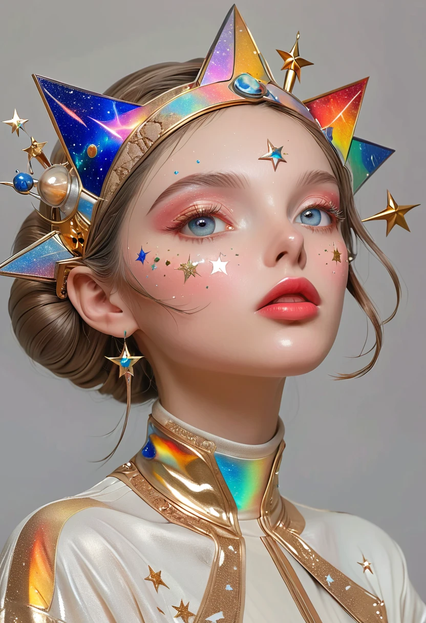 1girl, beautiful detailed eyes, beautiful detailed lips, extremely detailed face and skin, elaborate star headpiece, orbit, clean background, (best quality, 4k, 8k, highres, masterpiece:1.2), ultra-detailed, realistic, photorealistic, photo-realistic:1.37, 3D, professional, vivid colors, studio lighting