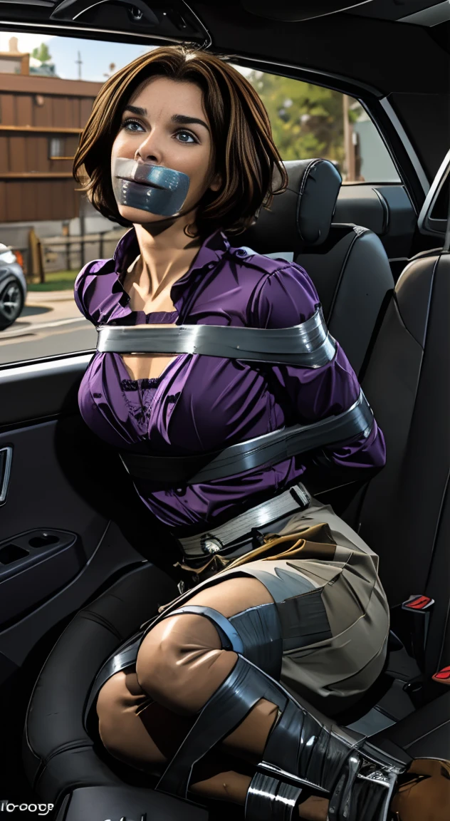 Highest quality, masterpiece, high resolution, 8k, cinematic lighting, sharp resolution, medium shot, 1 woman with chin length hair, short hair, dark bob cut, thick hair, center part, underc, stacked bob, voluminous hair, luxurious hair, in her 30s, purple blouse, knee length, skirt, dark stockings, and calf boots, baggy blouse, wrinkled clothing, detailed face, looking at viewer, focus on face, photo realistic, character, video game cut scene, smooth, anime, detailed face, perfect skin, beautiful, Insanely detailed, close up, taped mouth, ((tape gag): 1.4), gag, ((gagged)), (((arms bound behind back))), elbows taped, wrists taped, desperate struggle, thrashing, arched back, in vehicle, in car seat, being taken away, driven away, abducted, frightened, pleading eyes, desperate escape attemp