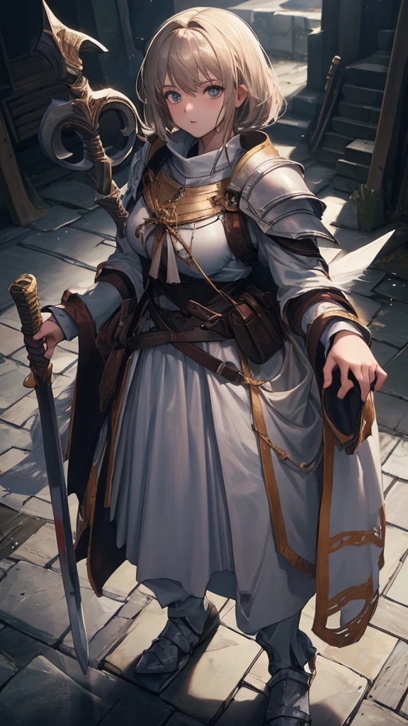 (masterpiece, 4K ,Super detailed:1.2), (anime:1), whole body側面図, Strong women, tall, Holding a sword, View Viewer, short hair, Knight Commander, (Medieval), whole body, (Perfect quality), Pure white background, Lots of white space, whole bodyが写っている, whole body写真