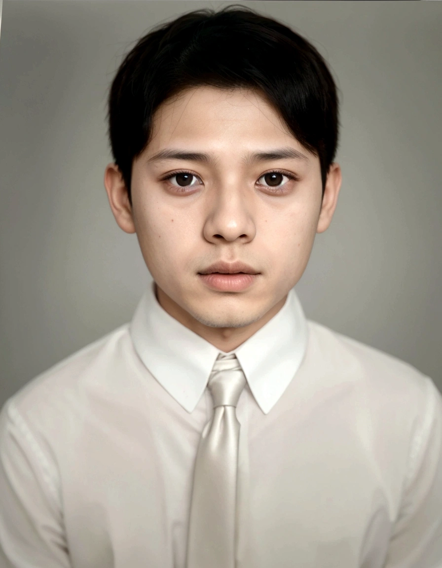 arafed image of a young boy wearing a white shirt and a tie, symetrical portrait, yanjun chengt, portrait symetrical, soft portrait, close up potrait, closed up portrait, portrait soft low light, full protrait, full face portrait, potrait, symmetry!! portrait, photographic portrait, medium portrait soft light, realistic portrait photo